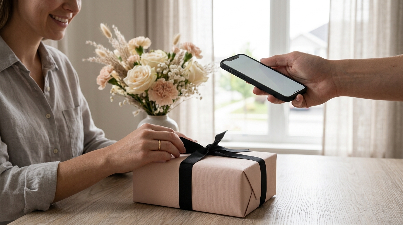 A woman unwrapping a blush gift with a black ribbon while a hand holds up a phone, flowers behind