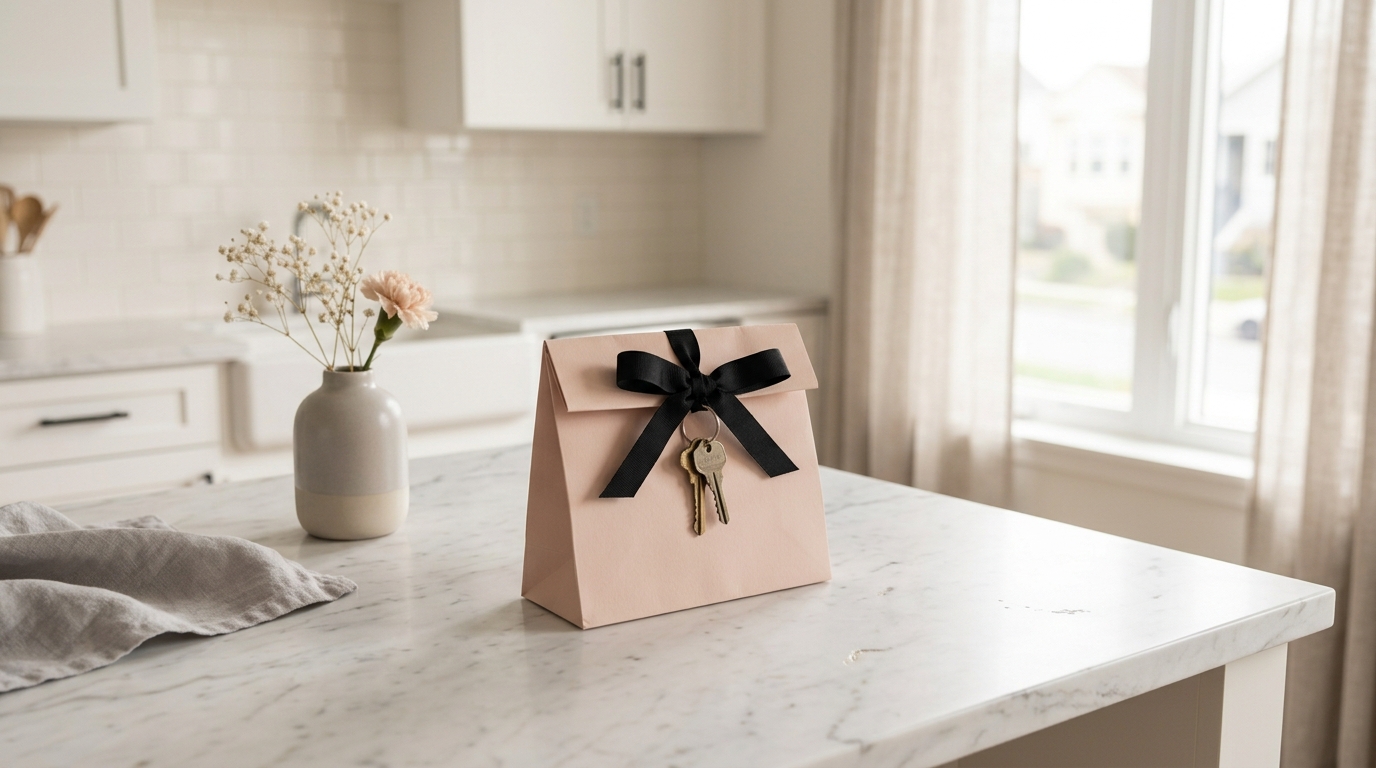 House keys tied with a black ribbon to a blush gift bag on a kitchen island