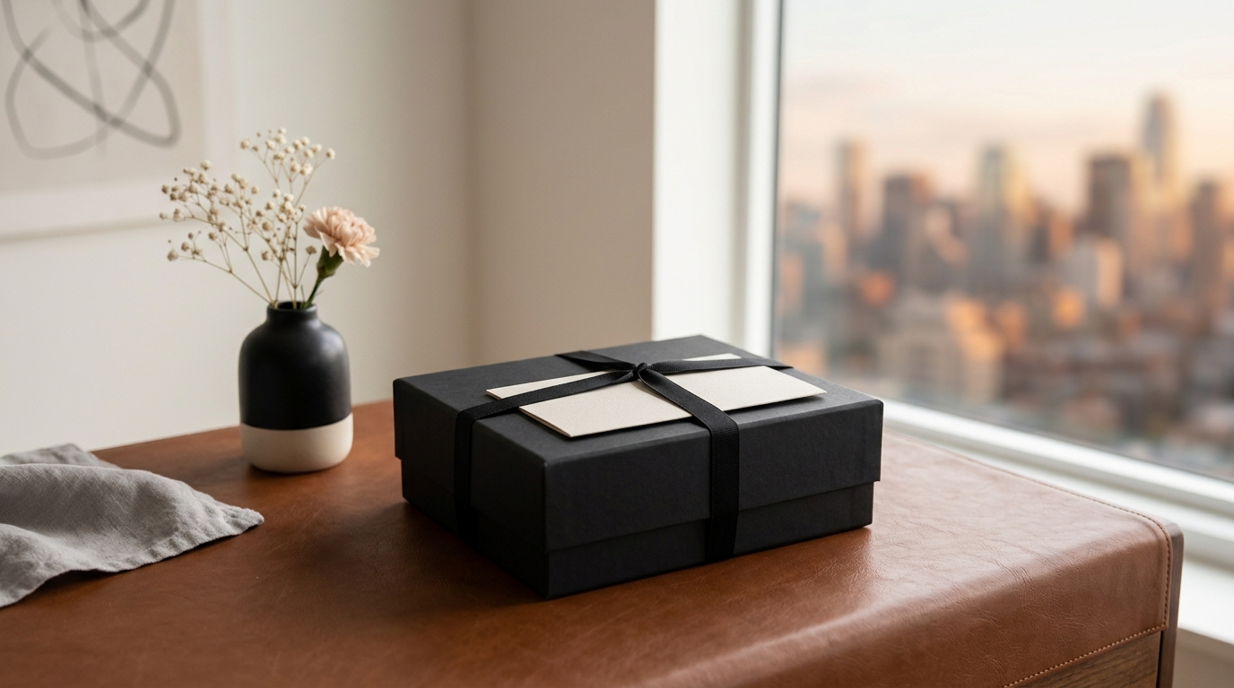 A black gift box with a cream card on a leather desk, city skyline beyond