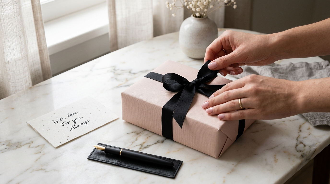 Hands tying a black ribbon on a blush gift, a handwritten card and fountain pen on marble