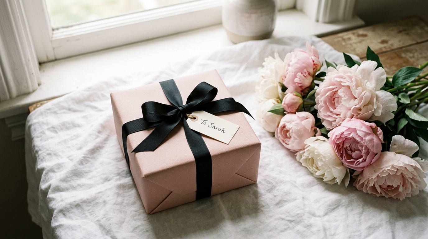 A blush gift box tied with a black ribbon and a tag reading To Sarah, beside pink and white peonies